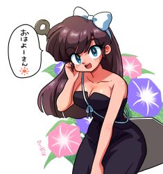  1girl :d arm_between_legs bare_shoulders bent_over black_bodysuit blue_eyes bodysuit bow breasts brown_hair cleavage floral_background hair_bow kuonji_ukyou large_breasts looking_at_viewer onesie open_mouth playing_with_own_hair ranma_1/2 signature smile spatula wanta_(futoshi) white_bow 