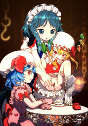 3girls ascot assisted_peeing bat_wings blonde_hair blue_eyes blue_hair braid censored chain cup dress drink fang female_focus feral_lemma flandre_scarlet frills gloves hair_ribbon hat hat_ribbon highres hook izayoi_sakuya lifting_person loli maid maid_headdress multiple_girls no_panties open_mouth pants_around_one_leg pee peeing peeing_in_cup puffy_sleeves pussy red_eyes remilia_scarlet ribbon shoes unworn_shoes short_hair siblings side_ponytail sisters sitting skirt skirt_set smile spread_legs spread_pussy table teacup tears touhou twin_braids white_legwear wings rating:Explicit score:77 user:danbooru