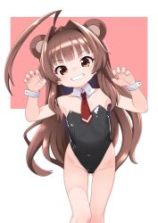  1girl ahoge animal_ears bare_arms bare_shoulders bear_ears black_leotard blunt_bangs brown_eyes brown_hair claw_pose commentary covered_navel detached_collar flat_chest grin hands_up highleg highleg_leotard kantai_collection kuma_(kancolle) leotard light_blush loli long_hair looking_at_viewer nail_polish nassukun necktie pink_background pink_nails red_necktie smile solo standing strapless strapless_leotard white_background white_wrist_cuffs wrist_cuffs 
