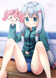  1girl bed blue_eyes blue_one-piece_swimsuit bow commentary_request dated eromanga_sensei green_jacket hair_bow highres hoshikuzu_witch_meruru inakami izumi_sagiri jacket long_hair looking_at_viewer low-tied_long_hair mask meruru_(oreimo) one-piece_swimsuit pink_bow pout school_swimsuit signature silver_hair solo spread_legs swimsuit swimsuit_under_clothes 