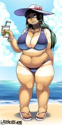  1girl beach bikini bracelet breasts cleavage cup drink earrings green_hair hat highres holding holding_cup huge_breasts jewelry lazorchef long_hair nail_polish necklace one_eye_closed plump sandals solo sun_hat swimsuit tan tanline thick_thighs thighs wink 