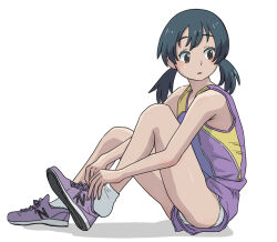  1girl :o black_hair brown_eyes commentary_request eyelashes full_body highres low_twintails medium_hair open_mouth original panties pantyshot parted_lips purple_footwear shoes short_twintails simple_background sitting socks solo sumiyama track_uniform twintails underwear white_background white_socks  rating:Sensitive score:16 user:danbooru