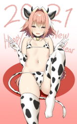 1boy 2021 :d animal_ears animal_print astolfo_(fate) bare_shoulders bell bikini braid bulge chinese_zodiac collar collarbone commentary_request cow_boy cow_ears cow_horns cow_print cow_print_bikini cow_print_sleeves cow_print_thighhighs cow_tail double_v elbow_gloves eyes_visible_through_hair fang fate/grand_order fate_(series) gloves hair_between_eyes hair_intakes happy_new_year heart heart-shaped_pupils highres horns long_hair looking_at_viewer male_focus multicolored_hair navel neck_bell new_year open_mouth pink_eyes pink_hair print_bikini print_gloves print_thighhighs shota skin_fang sky-freedom smile solo streaked_hair string_bikini swimsuit symbol-shaped_pupils tail thighhighs trap two-tone_hair v very_long_hair white_hair year_of_the_ox rating:Questionable score:231 user:danbooru