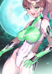  1girl absurdres arion_canvas bishoujo_senshi_sailor_moon bodysuit breasts brown_hair covered_erect_nipples covered_navel gloves green_eyes highres kino_makoto large_breasts long_hair looking_at_viewer magical_girl open_mouth sailor_jupiter skin_tight smile solo taimanin_suit 