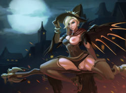  1girl blonde_hair blue_eyes breasts female_focus female_pubic_hair hat mercy_(overwatch) overwatch overwatch_1 pubic_hair pussy solo the_dirty_monkey uncensored witch witch_hat witch_mercy 