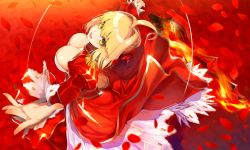 10s 1girl :d absurdres ahoge ass backless_outfit blonde_hair breasts butt_crack cleavage dress eyes_visible_through_hair fate/extra fate_(series) from_above green_eyes hair_bun highres juliet_sleeves large_breasts long_sleeves looking_at_viewer looking_up motion_blur nero_claudius_(fate) nero_claudius_(fate)_(all) nero_claudius_(fate/extra) open_mouth outstretched_arms outstretched_hand petals puffy_sleeves single_hair_bun smile solo sword weapon yuunagi_(seventh_heaven)  rating:Sensitive score:14 user:danbooru