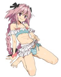  1boy absurdres astolfo_(fate) astolfo_(sparkling_frills)_(fate) bare_legs bare_shoulders barefoot bikini black_bow bow braid bulge fang fang_out fate/extella fate/extella_link fate/extra fate_(series) hair_between_eyes hair_bow hair_intakes highres imamura_ryou long_braid long_hair looking_at_viewer male_focus multicolored_hair navel off-shoulder_bikini off_shoulder official_alternate_costume pink_hair purple_eyes scrunchie side-tie_bikini_bottom single_braid skin_fang skirt smile solo stomach streaked_hair striped_bikini striped_clothes swimsuit toes trap two-tone_hair very_long_hair white_hair white_skirt wrist_scrunchie  rating:Questionable score:99 user:danbooru