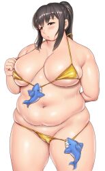  1girl arm_behind_back bikini black_hair blush breasts brown_eyes cleft_of_venus commentary_request cowboy_shot fat hair_between_eyes head_tilt highres itou_yukino large_breasts long_hair looking_at_viewer navel orizen parted_lips real_drive shark sidelocks simple_background solo string_bikini swimsuit thick_arms thick_thighs thighs white_background yellow_bikini 