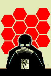  1boy absurdres character_name desk gendou_pose glasses gloves hands_clasped hexagon highres ikari_gendou looking_at_viewer male_focus md5_mismatch neon_genesis_evangelion opaque_glasses own_hands_clasped own_hands_together resized resolution_mismatch silhouette solo source_smaller spot_color studiomuku upscaled widower 