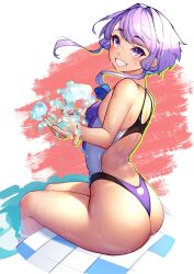  1girl absurdres ass breasts commentary_request competition_swimsuit grin highres looking_at_viewer multicolored_clothes multicolored_swimsuit nicchi one-piece_swimsuit purple_eyes purple_hair short_hair_with_long_locks small_breasts smile soaking_feet solo splashing swimsuit thighs tile_floor tiles voiceroid water yuzuki_yukari 