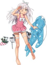  1girl arm_up barefoot blunt_bangs full_body green_eyes hair_ribbon inflatable_toy jiji_(aardvark) kantai_collection long_hair maestrale_(kancolle) official_art one-piece_swimsuit one_eye_closed one_side_up paravane pink_one-piece_swimsuit polka_dot polka_dot_swimsuit ribbon silver_hair swimsuit tan tanline thigh_strap transparent_background turret white_ribbon 