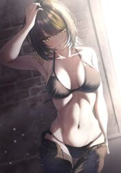  1girl arm_up armpits bare_shoulders bikini black_bikini black_hair black_pants blush breasts cleavage clothes_pull collarbone commentary_request cowboy_shot groin hair_between_eyes halterneck hand_on_own_head highres idolmaster idolmaster_shiny_colors ikaruga_luca large_breasts looking_at_viewer misanga_(hxjd5354) navel navel_piercing pants pants_pull parted_lips piercing short_hair solo standing stomach swimsuit thigh_gap thighs translation_request underwear underwear_only yellow_eyes 