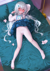 1girl absurdres blue_skirt blush chen_bin clothes_lift feet from_above full_body glasses grey_hair gusset hair_spread_out highres indoors legs long_hair long_sleeves looking_at_viewer lying neck_ribbon no_shoes on_back on_bed original panties panties_under_pantyhose pantyhose parted_lips polka_dot polka_dot_panties revision ribbon semi-rimless_eyewear shirt skirt skirt_lift solo suspender_skirt suspenders toes under-rim_eyewear underwear used_tissue very_long_hair white_pantyhose white_shirt yellow_eyes rating:Questionable score:88 user:danbooru