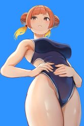  1girl armpits bare_arms bare_legs bare_shoulders blue_background blue_one-piece_swimsuit blunt_bangs breasts closed_mouth competition_swimsuit cowboy_shot diagonal_bangs double_bun from_below frown hair_bobbles hair_bun hair_ornament hands_on_own_stomach highleg highleg_swimsuit highres laufen_(sousou_no_frieren) legs_together light_blush looking_at_viewer looking_to_the_side medium_breasts one-piece_swimsuit orange_eyes orange_hair short_hair short_twintails sidelocks simple_background solo sousou_no_frieren standing swimsuit tassel tassel_hair_ornament twintails yami_anko 