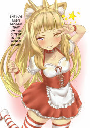  10s 1girl animal_ears blonde_hair blush breasts cagliostro_(granblue_fantasy) cat_ears cleavage commentary_request dirndl dress german_clothes granblue_fantasy hairband hard-translated highres kemonomimi_mode long_hair nekotama1987 purple_eyes red_ribbon ribbon small_breasts solo star_(symbol) striped_clothes striped_thighhighs thighhighs third-party_edit translated wristband zettai_ryouiki 