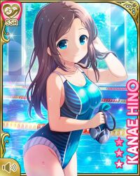  1girl bare_arms bare_legs barefoot blue_eyes blue_one-piece_swimsuit brown_hair card_(medium) character_name closed_mouth day girlfriend_(kari) goggles hino_kanae indoor_pool indoors official_art one-piece_swimsuit qp:flapper smile standing swimsuit window 
