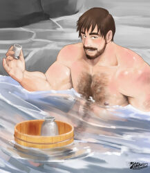  1boy bara beard brown_hair censored completely_nude cup facial_hair full_beard hairy highres holding holding_cup kaku_(kakuillustrate) large_pectorals looking_at_viewer male_focus male_pubic_hair mature_male muscular muscular_male musical_note mustache nipples novelty_censor nude onsen original partially_submerged pectorals pubic_hair quarter_note seductive_smile short_hair smile solo thick_chest_hair thick_eyebrows thick_mustache thick_navel_hair tsurime unfinished wet wet_hair 