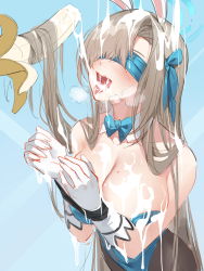  1girl absurdres alternative_clothes asuna_(blue_archive) asuna_(bunny)_(blue_archive) banana blindfold blue_archive blue_ribbon blush breasts brown_hair cleavage female_focus food fruit gloves hair_ornament highres long_hair lxkate rabbit_ears ribbon tongue tongue_out  rating:Questionable score:38 user:GermanPicker