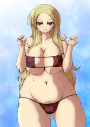  1girl bare_shoulders bikini blonde_hair breasts breasts_squeezed_together cleavage covered_erect_nipples deep_skin eyepatch_bikini groin hair_ornament highres huge_breasts licking_lips long_hair lowleg navel plump red_eyes senran_kagura shiki_(senran_kagura) shiny_skin skindentation suphesol swimsuit thick_thighs thighs tongue tongue_out wide_hips  rating:Questionable score:22 user:Jellot