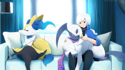 1boy absol alternate_color anger_vein braixen calem_(pokemon) claws closed_eyes couch creatures_(company) crossed_arms crossed_legs eryz fang furry game_freak gen_3_pokemon gen_6_pokemon horns jacket lying nintendo open_mouth pillow pink_eyes pokemon pokemon_(creature) pokemon_xy scarf single_horn sitting smile white_eyes white_hair