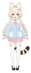  1girl :d absurdres animal_ear_fluff animal_ears black_footwear blonde_hair blue_eyes bow bow_legwear bowtie braid crown_braid footwear_bow full_body hair_bow heterochromia highres long_sleeves looking_at_viewer low_twintails mary_janes miniskirt official_art open_mouth pink_bow pink_bowtie pink_skirt pleated_skirt pocket puffy_long_sleeves puffy_sleeves shirt shoes shorts shorts_under_skirt skirt smile solo standing stardust_project straight-on striped_tail tachi-e tachibana_akiko tail teeth thighhighs transparent_background twintails virtual_youtuber white_bow white_shirt white_shorts white_thighhighs wo_you_yibei_jia_wanli yellow_eyes yellow_tail 
