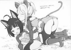 2girls all_fours animal_ears ass boots cat_ears closed_eyes elin gloves greyscale highres loli long_hair lying mojarin_(kihara_mojarin) monochrome multiple_girls on_back one_eye_closed panties ponytail smile spread_legs tail tera_online thighhighs tongue underwear yuri rating:Questionable score:76 user:danbooru