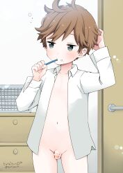  1boy absurdres bar_censor blue_eyes brushing_teeth censored chest_of_drawers commission door flaccid highres indoors jitome long_sleeves male_focus messy_hair naked_shirt navel open_clothes open_shirt original penis pocchipocchi shirt short_hair shota skeb_commission sleepy small_penis solo testicles toothbrush twitter_username white_shirt 