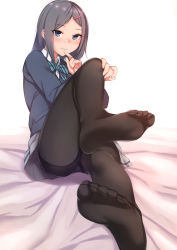 1girl 3: ass bad_id bad_pixiv_id black_hair black_pantyhose blazer blue_eyes blush bow bowtie feet finger_to_mouth foot_focus hair_ornament hairclip highres jacket kyuuso_inukami leg_up legs long_hair looking_at_viewer no_shoes original pantyhose pleated_skirt school_uniform sitting skirt soles solo thighband_pantyhose toes rating:Sensitive score:90 user:danbooru