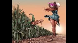  1girl artist_request ass barefoot corn from_behind hat highres outdoors sexually_suggestive solo sun_hat tagme thighs  rating:Questionable score:10 user:MiriMiri