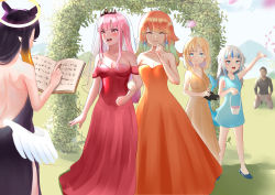  1boy 5girls absurdres adapted_costume alternate_costume arch axeloust back bare_shoulders basket blonde_hair blue_dress blunt_bangs blush book breasts bridal_veil bridesmaid camera cleavage cocktail_dress color_coordination colored_tips commission day dress drop_earrings earrings embarrassed feather_earrings feathers fins fish_tail floral_arch gawr_gura giggling grass halo hand_on_own_chin high_heels highres holding holding_basket holding_book holding_camera hololive hololive_english ivy jewelry kenshinchii kneeling large_breasts leaf locked_arms long_hair low_wings matching_hair/eyes mori_calliope mountainous_horizon multicolored_hair multiple_girls ninomae_ina&#039;nis open_book orange_dress outdoors pink_eyes pink_hair pointy_ears purple_dress purple_hair red_dress seiza shark_tail side_slit sidelocks sitting sky strapless strapless_dress swept_bangs tail takanashi_kiara tentacle_hair throwing_petals tiara two_side_up veil very_long_hair virtual_youtuber watson_amelia wedding wedding_dress white_hair white_wings wings yagoo yuri 