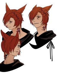 1boy 5altybitter5 animal_ears archon_mark cat_ears closed_mouth final_fantasy final_fantasy_xiv g&#039;raha_tia hair_ornament hair_over_one_eye highres male_focus multiple_views neck_tattoo one_eye_covered portrait red_hair simple_background smile tattoo white_background x_hair_ornament