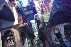  1boy architecture bag blue_eyes building city cup dutch_angle east_asian_architecture flower_pot honya_lala hood multicolored_hair original plant plate red_hair robe scenery sunlight teacup teapot vines white_hair  rating:Sensitive score:11 user:danbooru