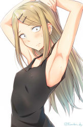  10s 1girl armpits arms_up bare_arms bare_shoulders blonde_hair breasts chemise covered_erect_nipples dagashi_kashi earrings endou_saya flat_chest jewelry kanden_sky long_hair looking_at_viewer presenting_armpit small_breasts solo tank_top upper_body yellow_eyes  rating:Sensitive score:74 user:danbooru