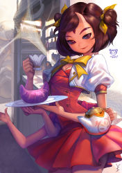  1girl absurdres alternate_skin_color arthropod_girl black_hair black_sclera bottle bow bowtie breasts character_name cleavage closed_mouth colored_sclera cowboy_shot croissant cropped_jacket cup dress extra_arms eyebrows fang food gd_choco hair_ribbon highres holding holding_cup holding_dish holding_plate horns humanization insect_girl lips looking_at_viewer medium_breasts muffet nose oni_horns plate puffy_short_sleeves puffy_sleeves red_dress ribbon saucer short_hair short_sleeves signature silk single_horn smile solo spider_girl spider_web standing teacup teapot two_side_up undertale yellow_bow yellow_bowtie yellow_ribbon  rating:Sensitive score:27 user:danbooru