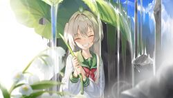  1girl absurdres blurry blurry_foreground blush closed_eyes double-parted_bangs flower frog frog_on_head green_sailor_collar grey_hair grin hair_intakes highres holding holding_leaf kimyo leaf leaf_umbrella lens_flare lily_of_the_valley neckerchief original red_neckerchief rock sailor_collar school_uniform serafuku sleeve_cuffs smile two_side_up water waterfall white_flower white_serafuku 