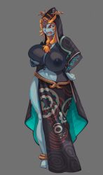  1girl artist_request barefoot breasts colored_sclera curvy eyeshadow female_focus full_body grabbing_own_breast hand_on_own_hip highres huge_breasts long_hair makeup midna midna_(true) multicolored_skin nintendo orange_hair red_eyes sarong solo the_legend_of_zelda the_legend_of_zelda:_twilight_princess two-tone_skin wide_hips yellow_sclera 