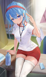 1girl absurdres bench blue_eyes blue_hair bottle breasts cellphone gym_uniform hand_up headband highres hololive hoshimachi_suisei long_hair looking_at_viewer mochiki_927 phone ponytail red_headband red_shorts shirt short_shorts shorts sitting small_breasts smartphone solo star_(symbol) star_in_eye sweat symbol_in_eye thighhighs thighs virtual_youtuber water_bottle wet wet_hair whistle whistle_around_neck white_shirt white_thighhighs