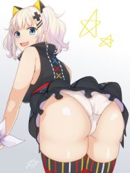 &gt;:d 1girl :d ass backboob bad_id bad_pixiv_id bare_arms bare_shoulders bent_over blue_eyes blunt_bangs blush breasts dress fang frilled_skirt frills from_behind hair_ornament hairclip highres kaguya_luna looking_at_viewer looking_back medium_breasts obi open_mouth panties ramchi sash skirt sleeveless sleeveless_dress smile solo the_moon_studio thighhighs twintails underwear upskirt v-shaped_eyebrows virtual_youtuber white_panties rating:Questionable score:49 user:danbooru