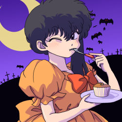  1girl bat_(animal) black_hair cross cupcake dress eating fork halloween kunou_kodachi moon plate purple_eyes ranma_1/2 ribbon solo wanta_(futoshi) wink  rating:Sensitive score:11 user:Luthorne