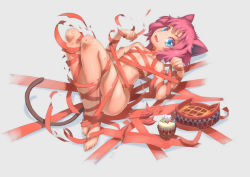 1girl :d animal_ears bad_id bad_pixiv_id barefoot bdsm blue_eyes bondage borrowed_character bound cat_ears cat_tail eroneko-san fang food grey_background loli lying naked_ribbon nude observerz on_back open_mouth original pink_hair red_ribbon ribbon ribbon_bondage short_hair smile solo tail rating:Questionable score:70 user:danbooru