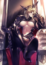 1girl absurdres armor artist_name artoria_pendragon_(fate) artoria_pendragon_(lancer_alter)_(fate) blonde_hair blurry blush boots braid breasts cape chair cleavage commentary_request crossed_legs dark_persona depth_of_field fate/grand_order fate_(series) gauntlets genyaky hand_on_own_cheek hand_on_own_face high_heel_boots high_heels highres horns large_breasts lips long_hair looking_at_viewer navel open_mouth parted_lips pauldrons red_cape short_hair shoulder_armor sitting solo throne underboob yellow_eyes rating:Sensitive score:63 user:danbooru