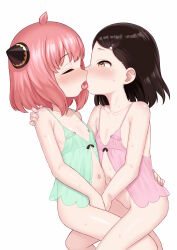  2girls ahoge anya_(spy_x_family) atg_(wttoo0202) babydoll bandaid bandaids_on_nipples becky_blackbell belly black_hair blush bottomless brown_eyes child_on_child closed_eyes collarbone commentary_request feet_out_of_frame french_kiss hair_ornament kiss loli multiple_girls pasties pink_hair see-through simple_background spy_x_family sweat tongue tongue_out white_background yuri  rating:Questionable score:204 user:danbooru