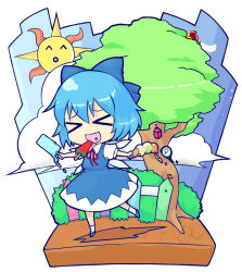 &gt;_&lt; circled_9 blue_hair bow chibi cirno dress closed_eyes food hair_bow ice_cream open_mouth pedocchi popsicle short_hair smile touhou tree watermelon_bar rating:Sensitive score:7 user:BlueBaroness