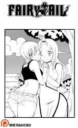  2girls absurdres ass breasts fairy_tail highres hkyaichi large_breasts lisanna_strauss looking_at_viewer mirajane_strauss monochrome multiple_girls one_eye_closed shorts siblings sisters smile  rating:Sensitive score:5 user:kyohei88