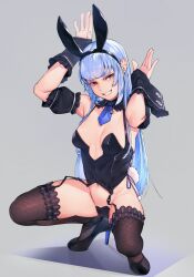 1girl animal_ears black_leotard blue_hair braid breasts crotch_plate fake_animal_ears fishnets garter_straps highres hololive leotard long_hair looking_at_viewer medium_breasts playboy_bunny rabbit_ears rabbit_tail rat_huang solo strapless strapless_leotard tail thighhighs usada_pekora wrist_cuffs