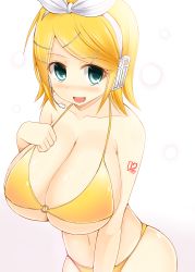  1girl alternate_breast_size bikini blonde_hair blush breasts facominn fang gradient_background hair_ornament hair_ribbon hairclip headset highres huge_breasts kagamine_rin open_mouth ribbon short_hair solo swimsuit tattoo vocaloid  rating:Sensitive score:80 user:danbooru