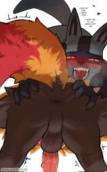 2boys animal_penis anus ass black_fur braixen creatures_(company) english_text furry furry_male game_freak gen_4_pokemon gen_6_pokemon heart knotted_penis lucario male_focus multiple_boys nintendo penis pokemon pokemon_(creature) red_eyes sincastermon spread_ass tail teeth testicles tongue tongue_out twitter_username yaoi yellow_fur 