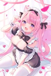  1girl :d animal_ear_fluff animal_ears apron black_bow blush bow breast_focus breasts cat_ears cat_girl cat_tail cleavage fangs frilled_wristband from_above hair_bow hamico hand_on_bed heart highres holding holding_heart long_hair looking_at_viewer maid maid_apron maid_headdress medium_breasts on_bed open_mouth original pink_hair purple_eyes sitting smile solo swept_bangs tail thighhighs twintails very_long_hair wariza white_thighhighs 