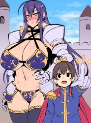 1boy 1girl age_difference ahoge arm_at_side armor bikini bikini_armor black_eyes black_thighhighs blue_sky blush breasts breath bright_pupils cape castle cleavage cloud cowboy_shot crown day dot_nose female_knight gloves glowing glowing_eyes groin hair_between_eyes hand_on_own_hip hip_focus huge_breasts knight long_hair looking_afar looking_at_another looking_down mini_crown navel nishida_megane nose_blush notice_lines original outdoors pauldrons pointing prince print_bikini purple_bikini red_eyes revealing_clothes shiny_skin short_hair shota shoulder_armor sideboob size_difference sky smile standing sweat sweatdrop swimsuit thighhighs thighs toned underboob very_long_hair white_gloves white_pupils  rating:Questionable score:117 user:danbooru
