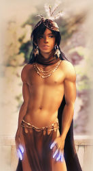 1boy androgynous feathers glowing hair_ornament jewelry loincloth long_hair magic male_focus muhamaru_yuni necklace realistic solo source_request tan tribal rating:Sensitive score:83 user:danbooru